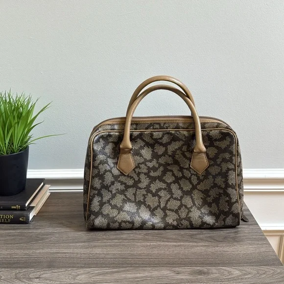 Vintage YSL Giraffe Print Boston Bag Brown MochaCanvas Leather Trim Luxury